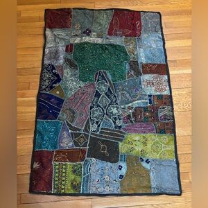 Vintage Indian Ethnic Bohemian Silk Beaded Patchwork Large Tapestry 55X37”